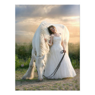 A Beautiful Girl in white Dress Holding a Horse  Photo Print