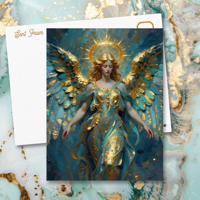 A Beautiful Gold and Turquoise Angel Postcard (Creator Uploaded)