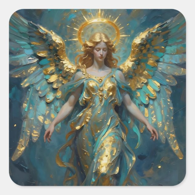 A Beautiful Gold and Turquoise Angel Square Sticker (Front)