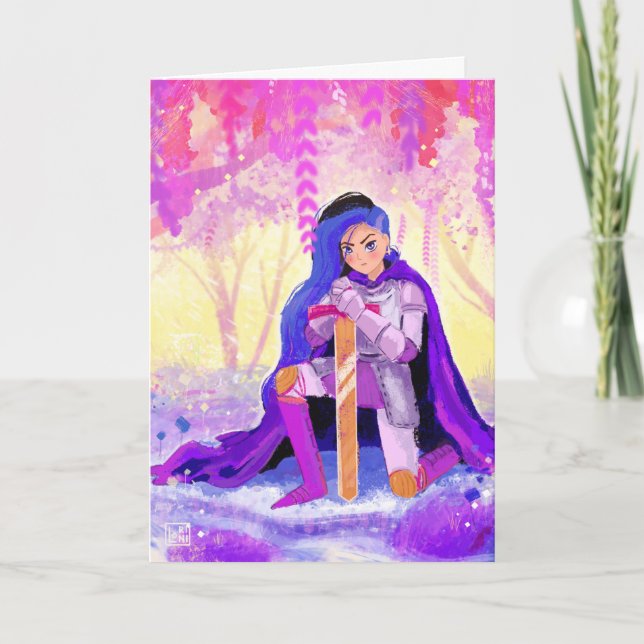 A beautiful lady knight with blue hair postcard (Front)
