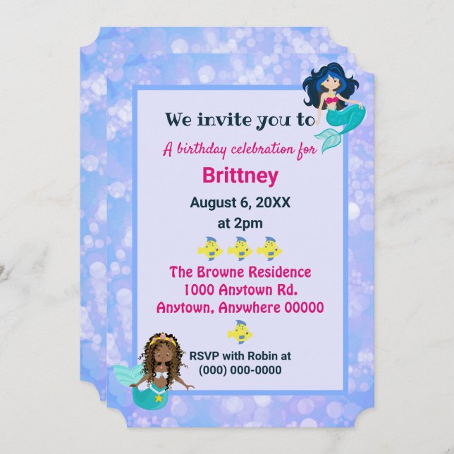 A beautiful mermaid birthday bokeh design invitation (Front/Back)