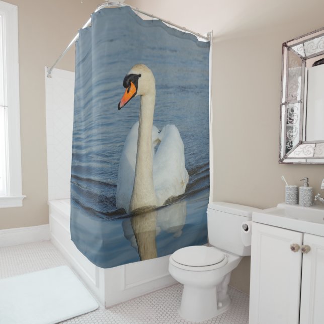 A Beautiful Mute Swan Approaches Shower Curtain (In Situ)