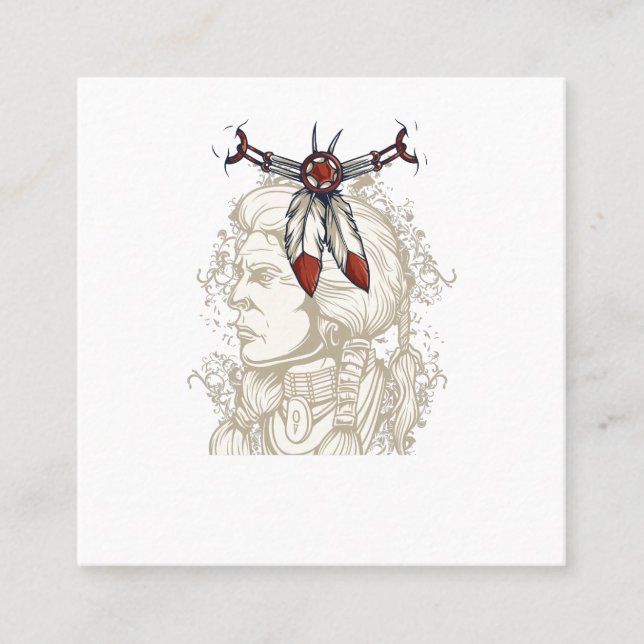 a beautiful native american and a feathered neckla square business card (Front)