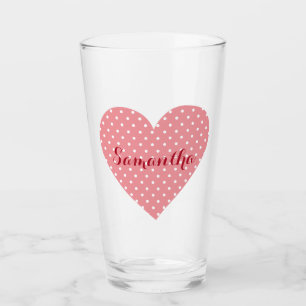 A beautiful pink and white heart polka dot display glass