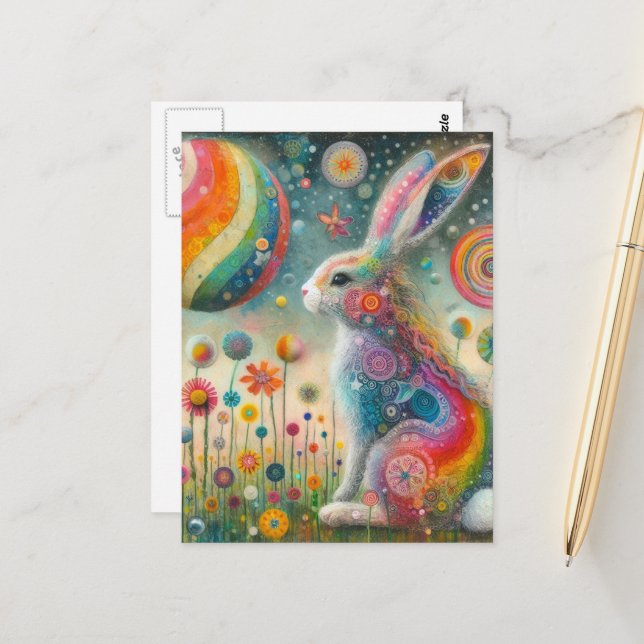 A Beautiful Rabbit in Wildflowers Surreal Postcard (Front/Back In Situ)