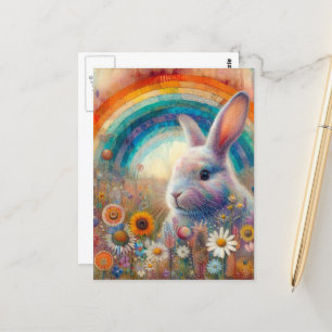 A Beautiful Rainbow Rabbit in Wildflowers Postcard