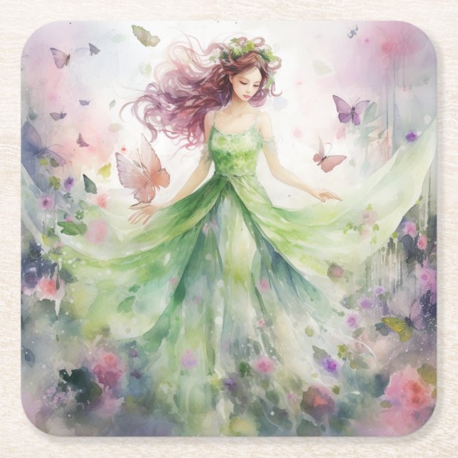A Beautiful Spring Fairy Square Paper Coaster (Front)