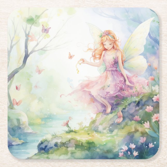 A Beautiful Spring Fairy Square Paper Coaster (Front)