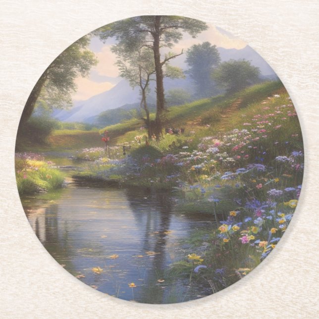 A beautiful summer river landscape round paper coaster (Front)