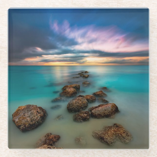 A Beautiful Sunset Over Grace Bay | Turks & Caicos Glass Coaster (Front)