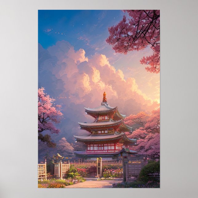  A Beautiful Temple and Blossoming Cherry Trees Poster (Front)