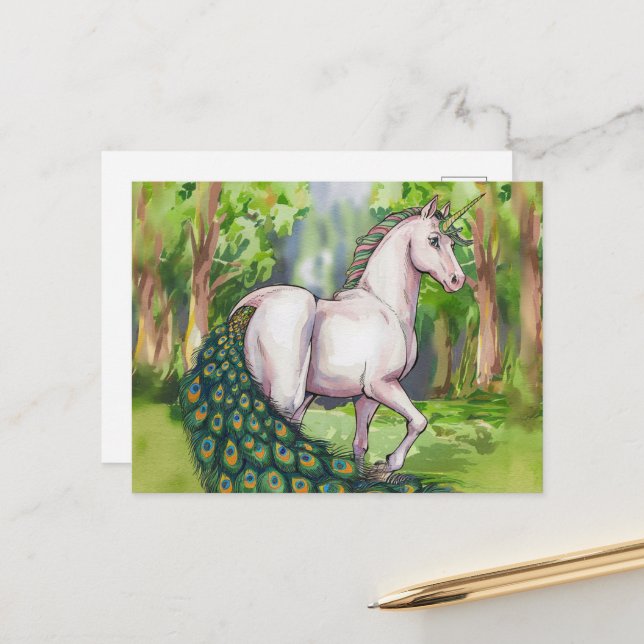 A Beautiful Unicorn Peacock Postcard (Front/Back In Situ)