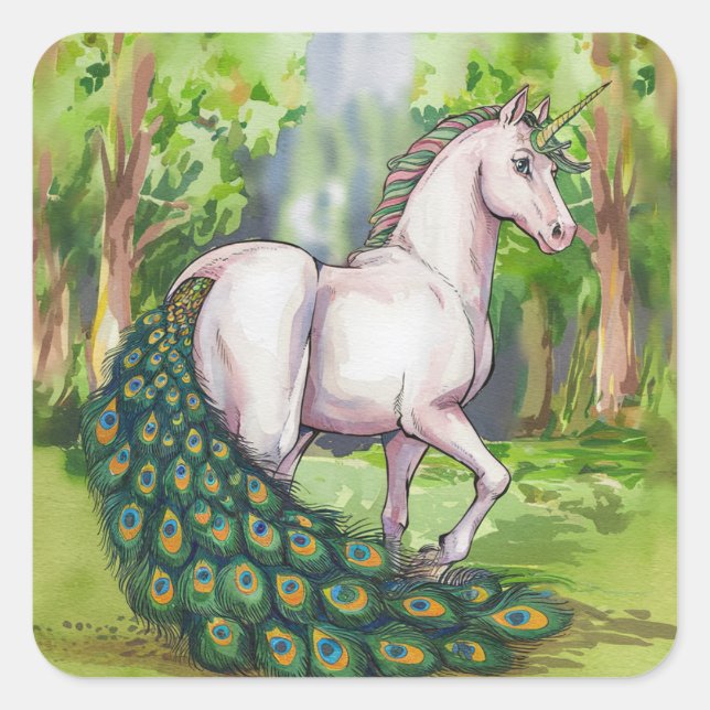 A Beautiful Unicorn Peacock Square Sticker (Front)