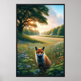 A Beautiful Watercolor Red Fox Resting at Sunset Poster