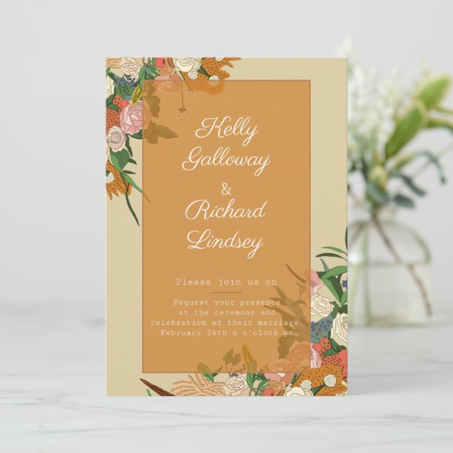 A Beautiful Wedding Invitation Card With Flowers  (Standing Front)