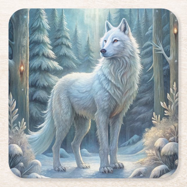 A Beautiful White Wolf Square Paper Coaster (Front)