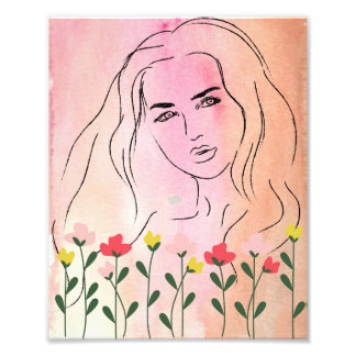 A Beautiful Woman & Flowers, Line art design Photo Print