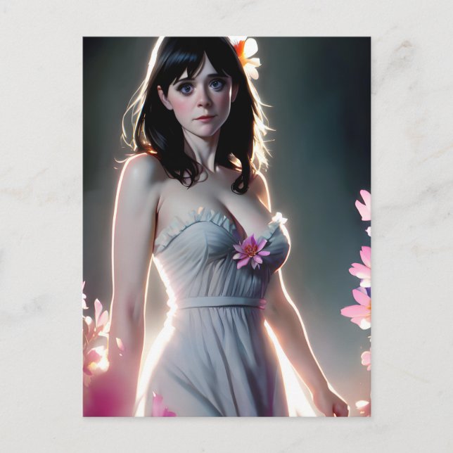 A beautiful Woman with long black pink flowers Postcard (Front)