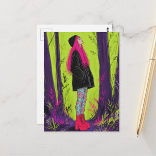A Beautiful Woman With Neon Pink Hair in the Woods Postcard