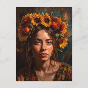 A Beautiful Woman With Sunflowers in Her Hair Postcard