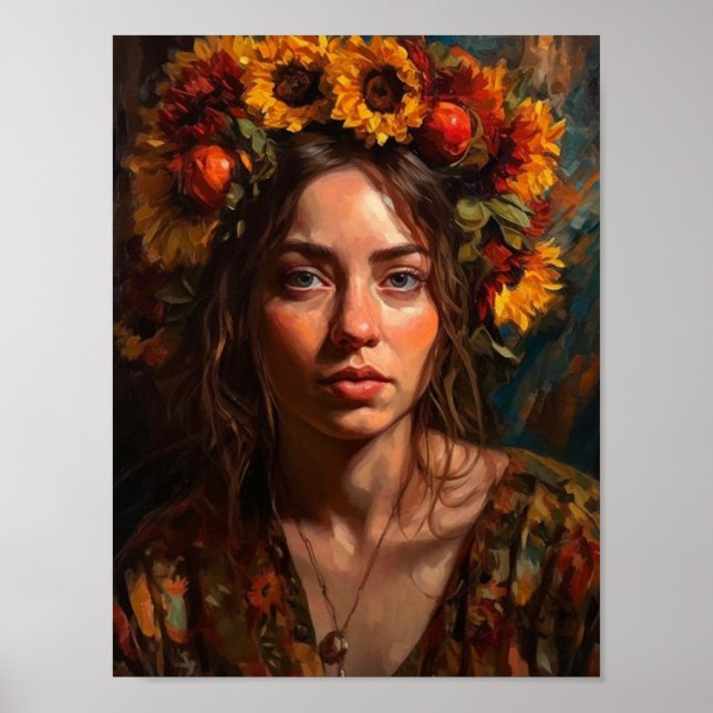 A Beautiful Woman With Sunflowers in Her Hair Poster (Front)