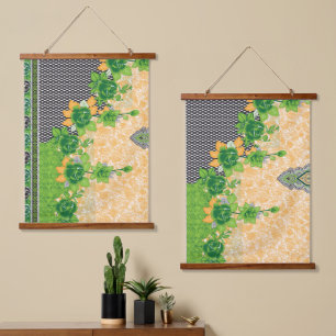 A beautifully crafted pattern of green and orange hanging tapestry