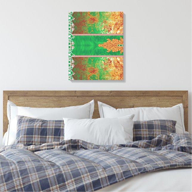 A beautifully designed Indian scarf in green and o Canvas Print (Insitu(Bedroom))