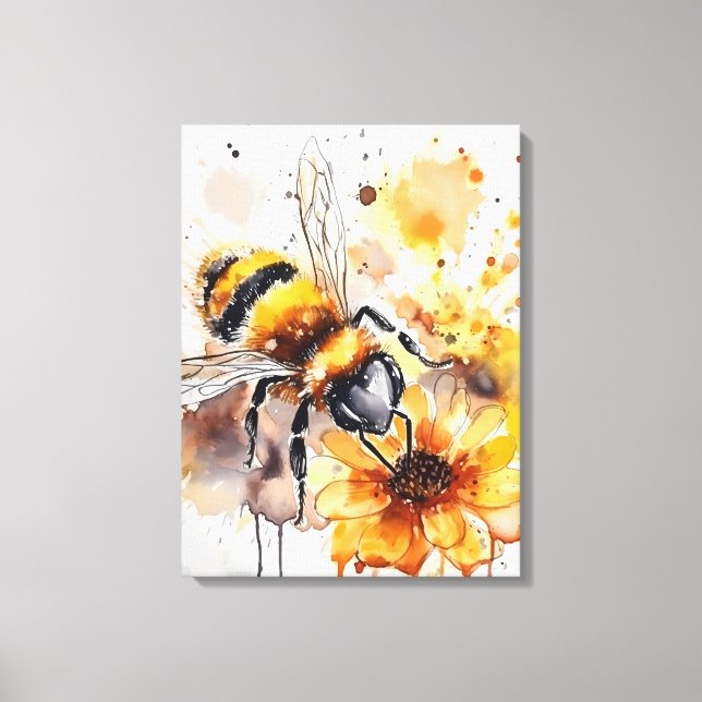 A bee collects honey on a flower. canvas print (Front)