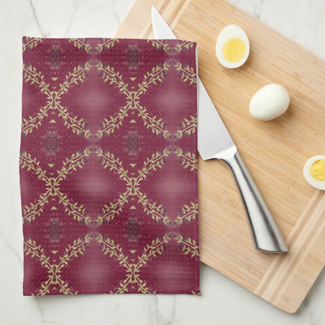 A Berry Colour Floral Kitchen Tea Towel (Quarter Fold)