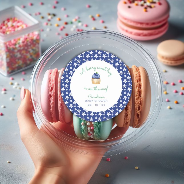 A Berry Sweet Baby Boy Shower Blueberry  Square Classic Round Sticker (Creator Uploaded)