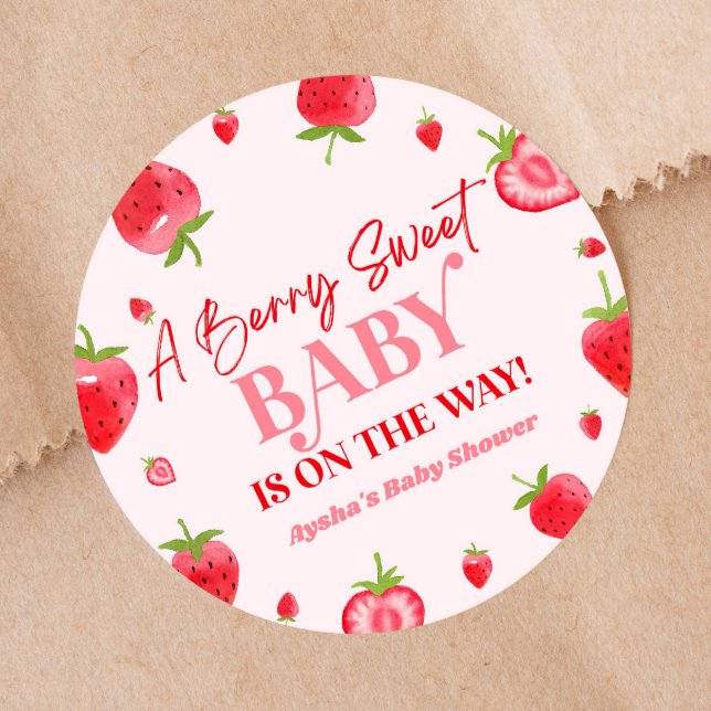 A Berry Sweet Baby Strawberry Baby Shower Classic Round Sticker (Creator Uploaded)