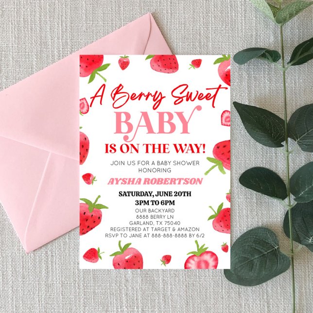A Berry Sweet Baby Strawberry Pink Red Baby Shower Invitation (Creator Uploaded)
