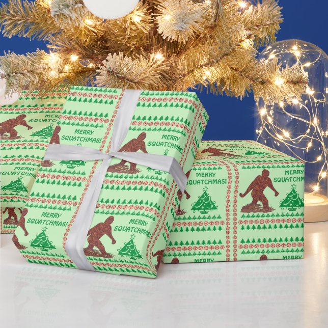 A Bigfoot Walking Merry Squatchmas Green Holiday Wrapping Paper (Holidays)