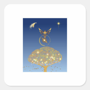 A bird flying over a golden tree square sticker