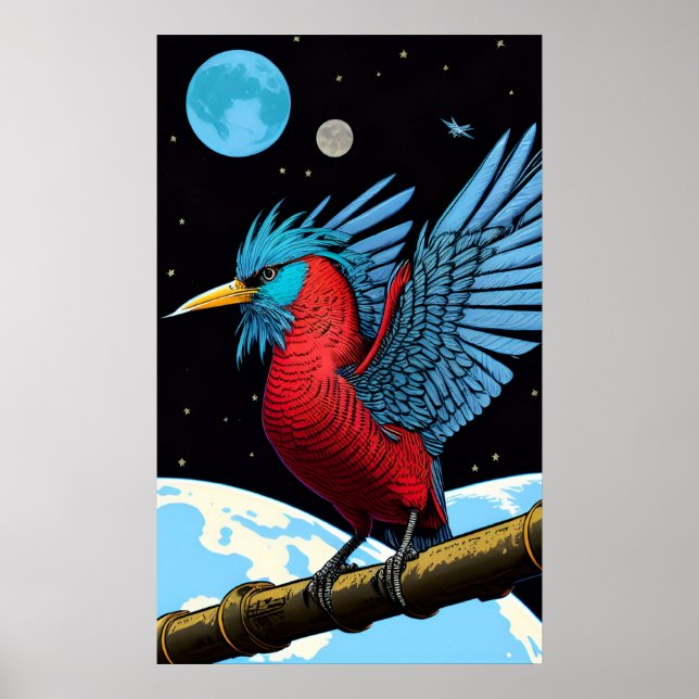 A bird with a stick in space poster (Front)