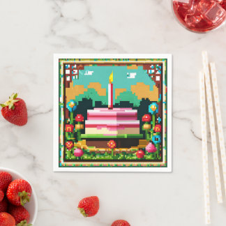 A birthday cake in pixel art napkin