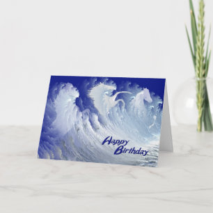 A birthday card with wild white surf horses
