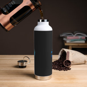 a black and blue logo with a wave on it water bottle