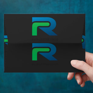 a black and green logo with the letter r envelope