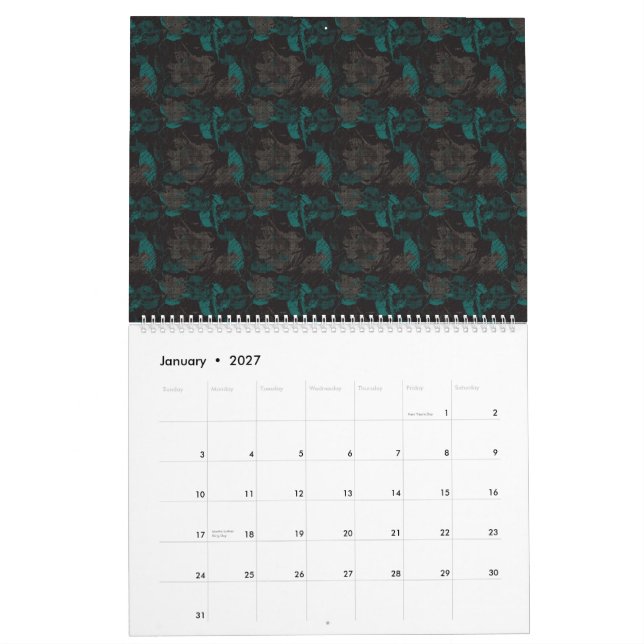 a black and green pattern with a black background calendar (Jan 2027)