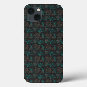 a black and green pattern with a black background iPhone 13 case