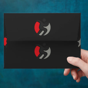 a black and red logo with a person in the centre envelope