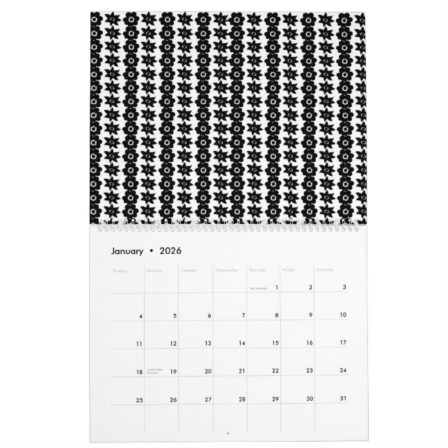 a black and white background with a lot of dots calendar (Jan 2026)