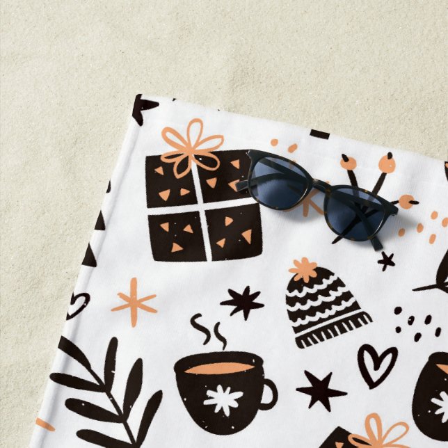 A Black and White Christmas Pattern Beach Towel (In Situ)