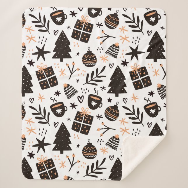 A Black and White Christmas Pattern Sherpa Blanket (Front)