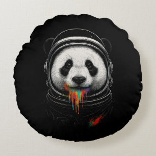 A black and white panda bear wearing a space suit round cushion
