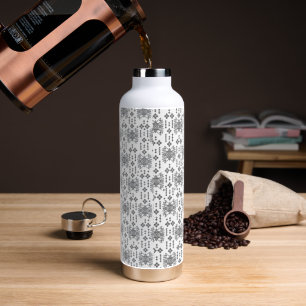 a black and white pattern with a white background water bottle