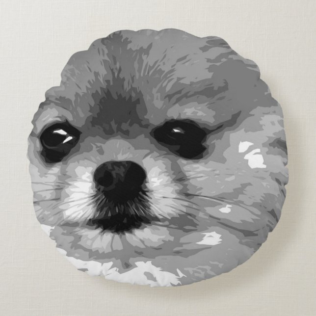 A black and white Pomeranian Round Cushion (Front)