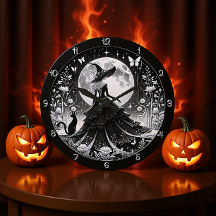 A Black and White Witch with Cat Large Clock