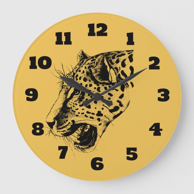 A Black and Yellow Hand Drawn Leopard Illustration Large Clock (Front)